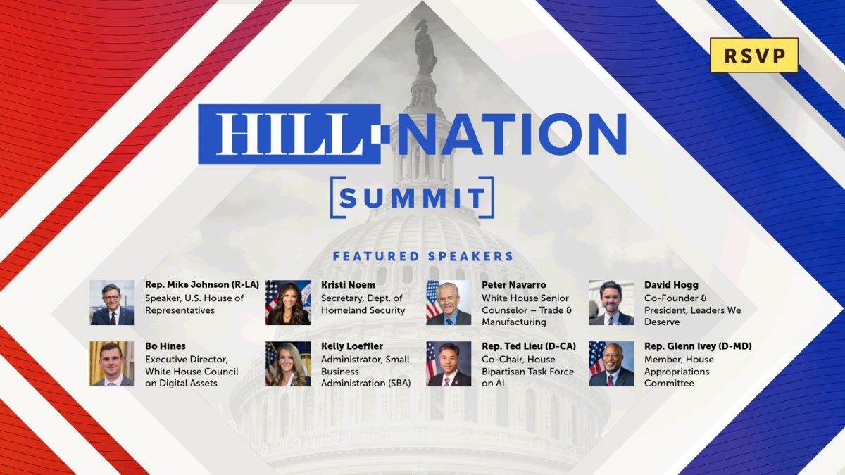 Flag colored background with headshots of speakers for an event 