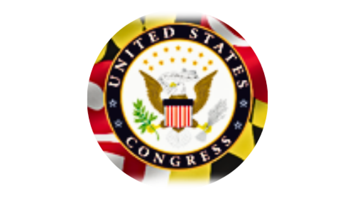 U.S. Congress seal in front of Maryland state flag in circular frame