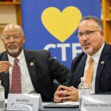 Congressman Glenn Ivey and Education Secretary Miguel Cardona discuss CTE programs during a press conference at Crossland High School on August 2, 2023.