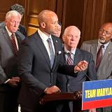 Maryland Governor Wes Moore speaks at the U.S. Capitol in Washington, joined by Representative Steny Hoyer, Senator Ben Cardin, and Representative Glenn Ivey